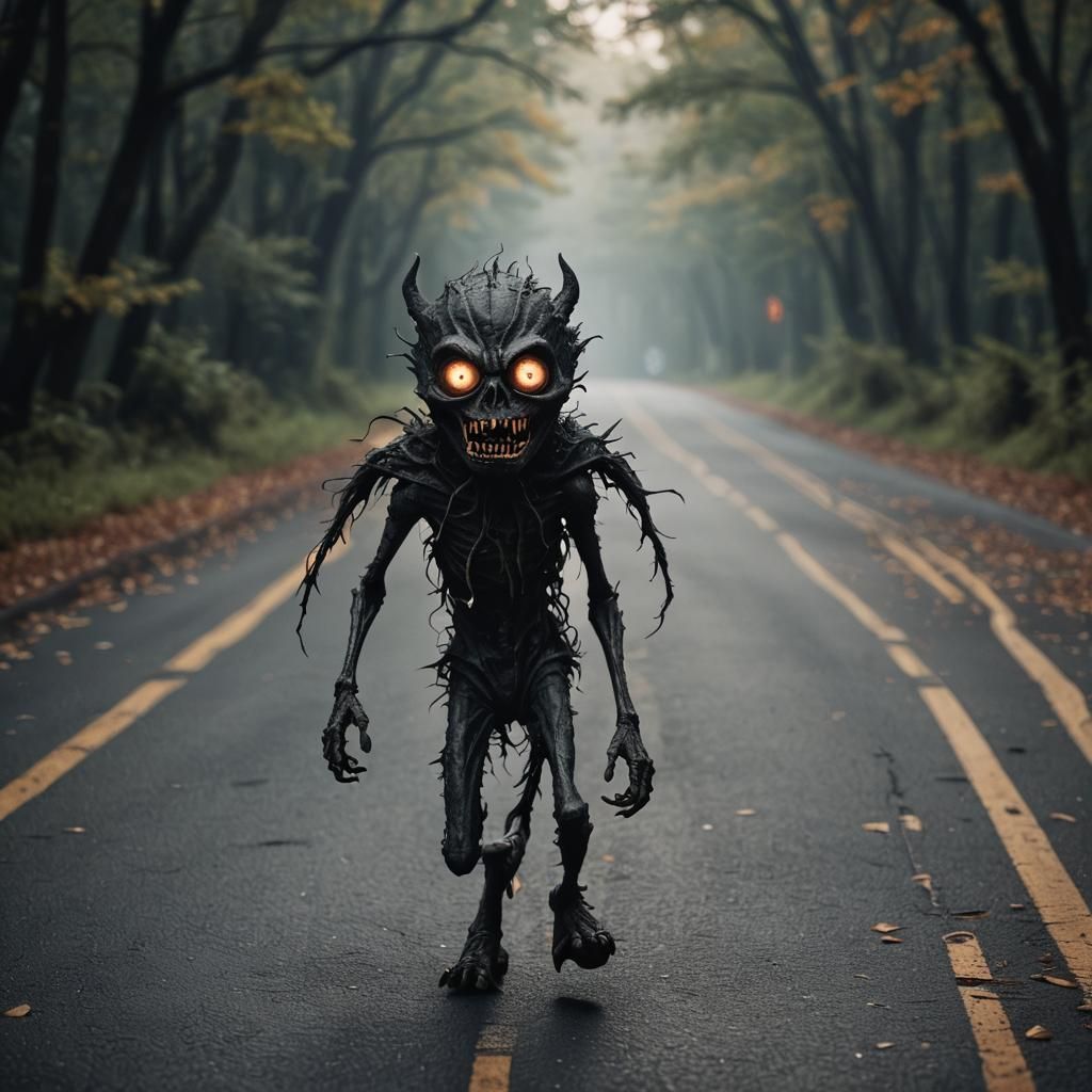 Scary Skinny Monster Running on Dark Road