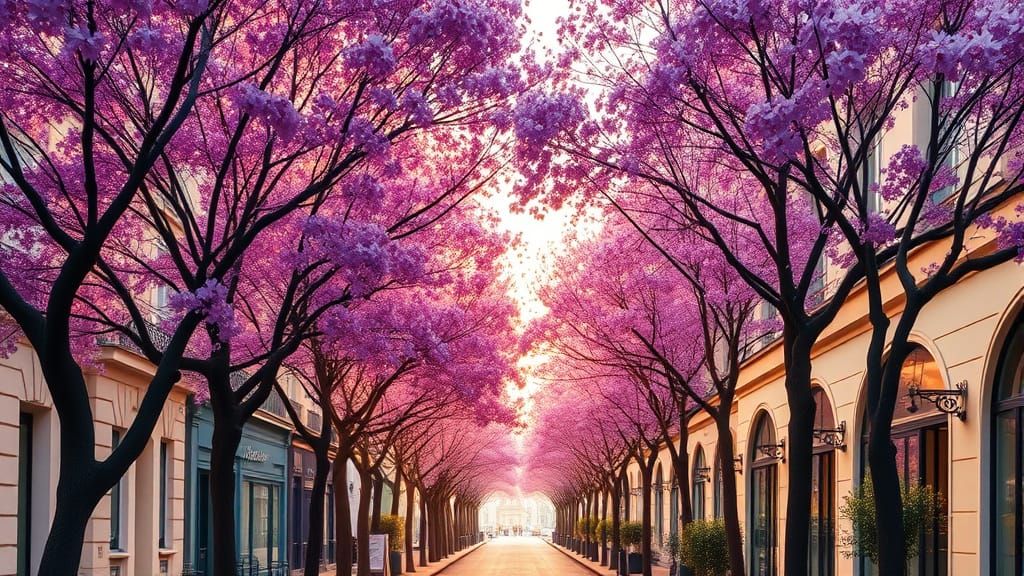 Parisian Street with Jacaranda Trees in Art Nouveau Style