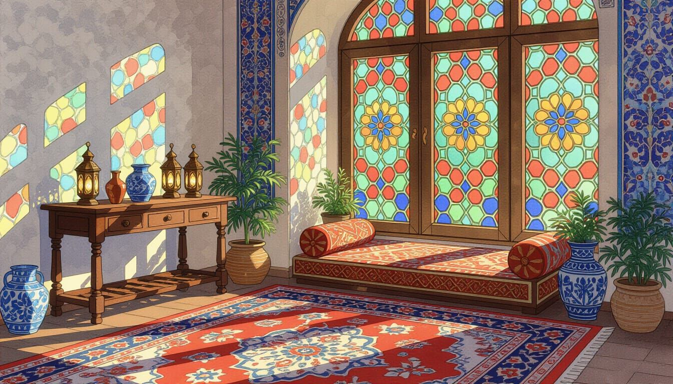 Watercolor Illustration of an Old Iranian Interior