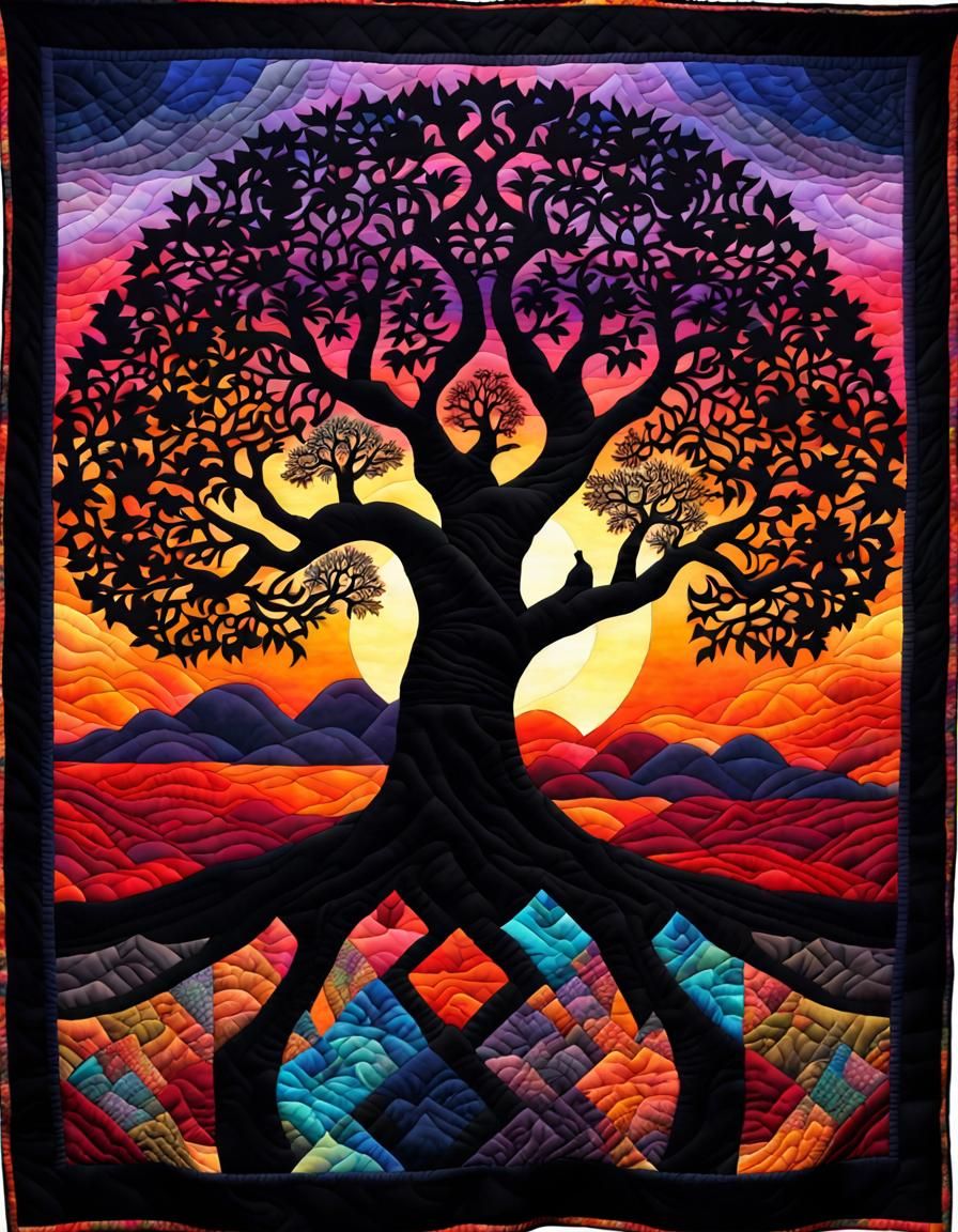 Vivid Tree of Life Quilt with Fractal Pattern