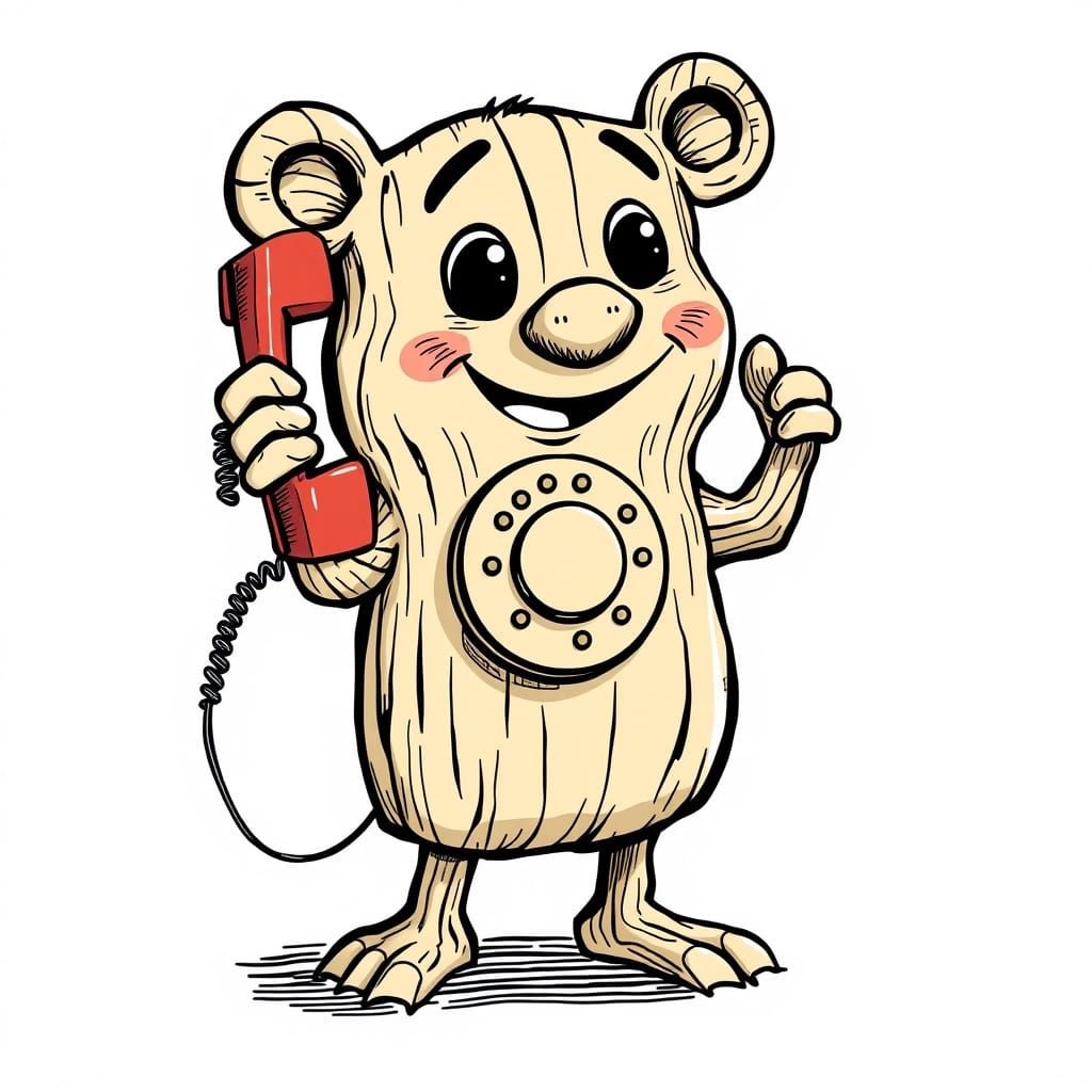Cartoon Log Character with Rotary Phone
