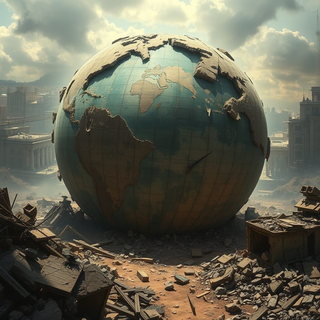 Ravaged Globe Depicting Global Conflict in Cinematic Style