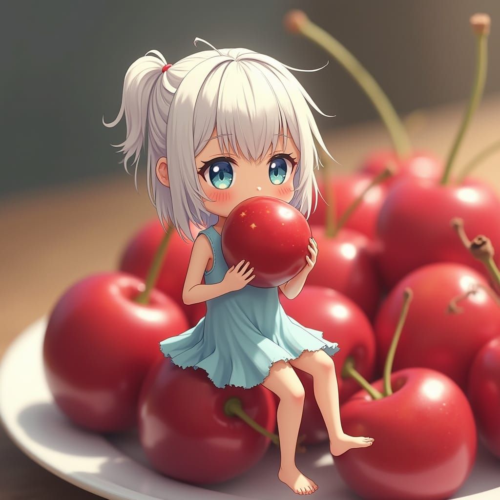 Tiny Anime Girl Bites into Cherry in Vibrant Studio Trigger-...