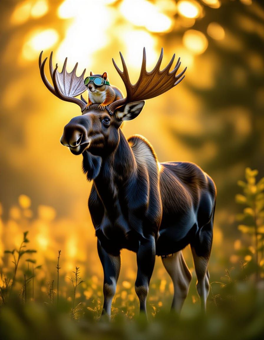 Majestic Moose with Flying Squirrel Companion in Forest