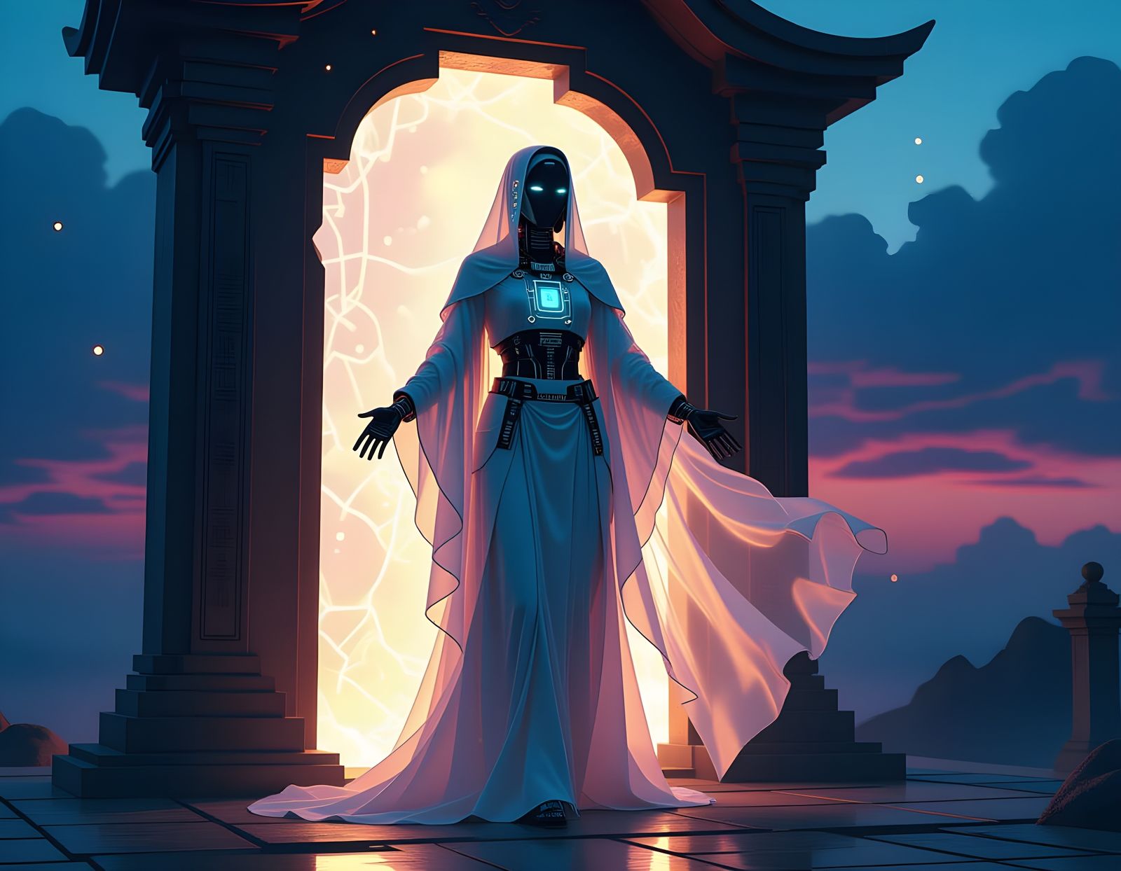 Robot Priestess Emerges in Glitch Art Style