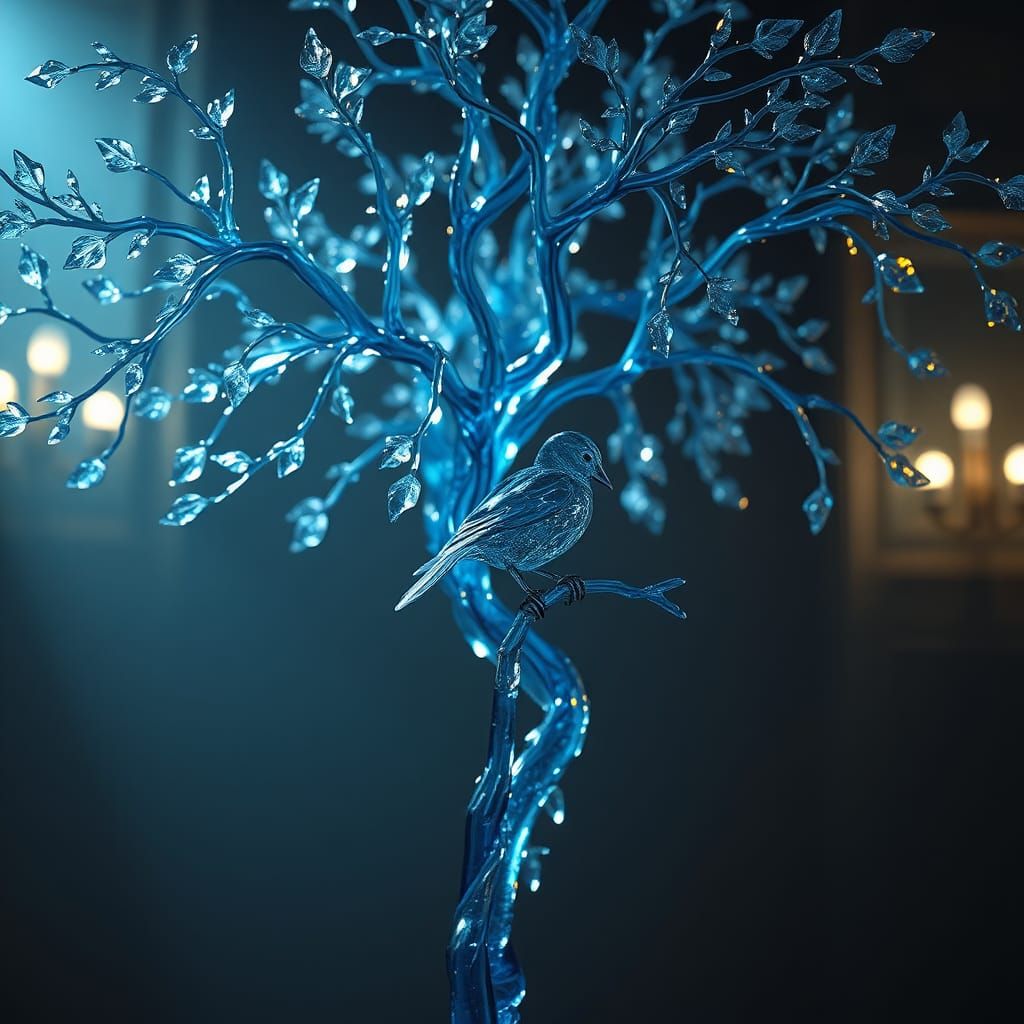 Glass Tree with Bird in Hyperrealistic Style