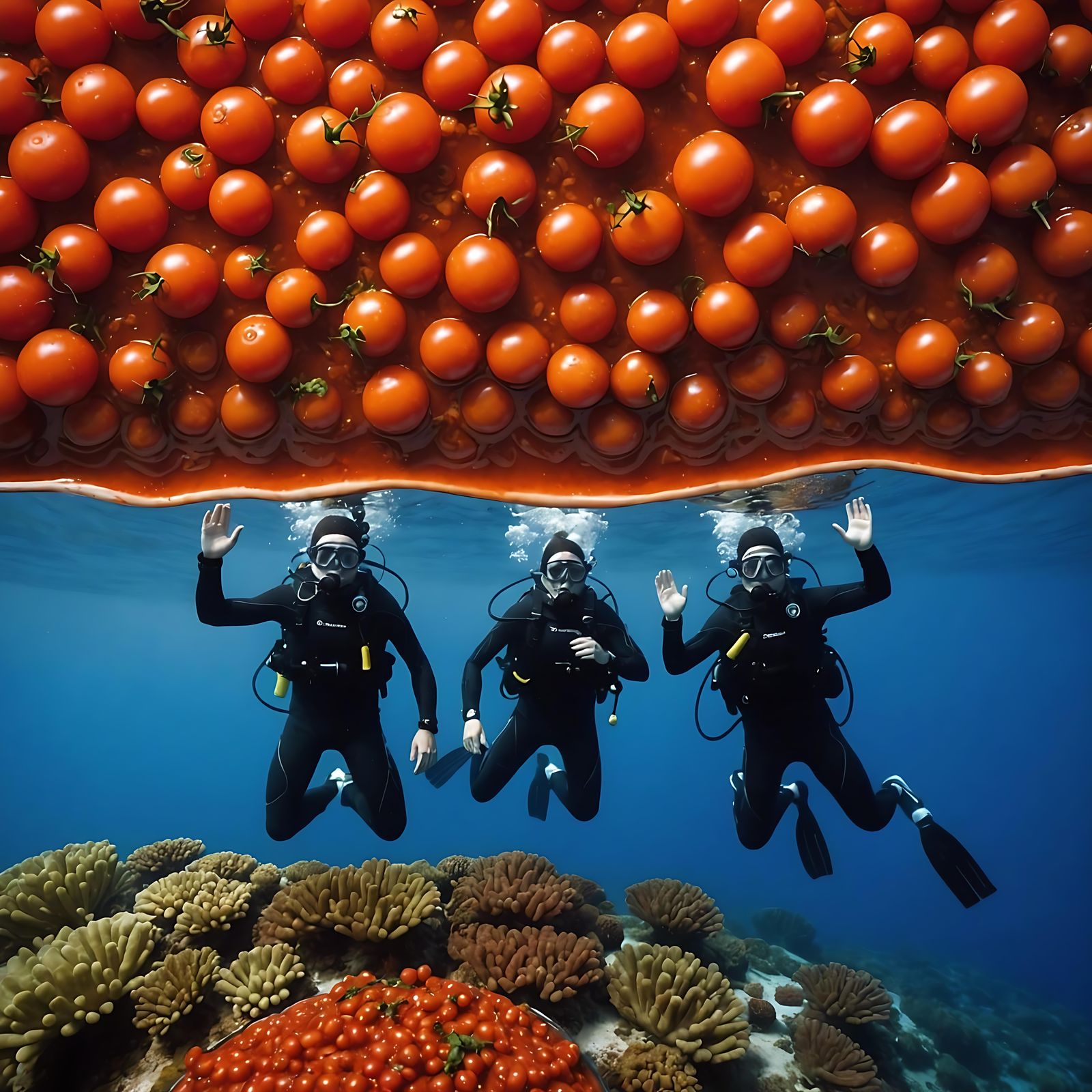 Divers Swim in Tomato Sauce Sea