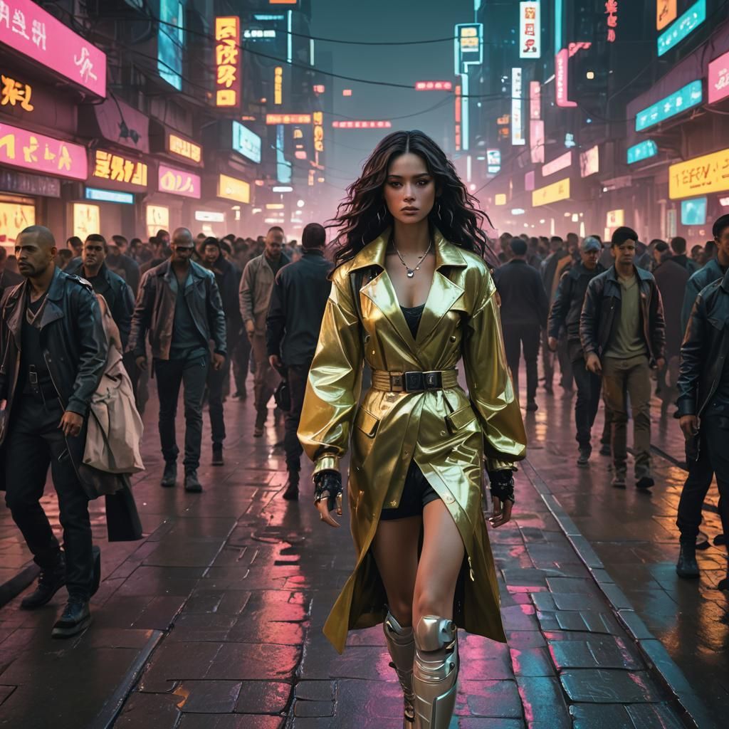 Cyberpunk Woman in Neon Cityscape