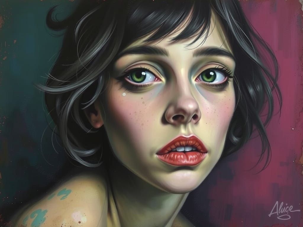 Melancholy Medusa Weeping in Smoky Bar, Oil Gouache