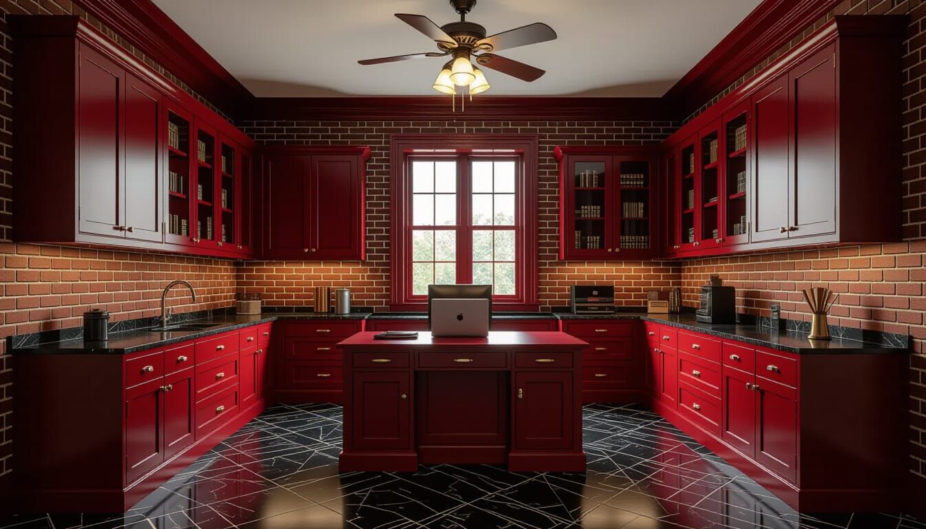 Victorian Working Room with Dark Red Cabinets and Marble Flo...