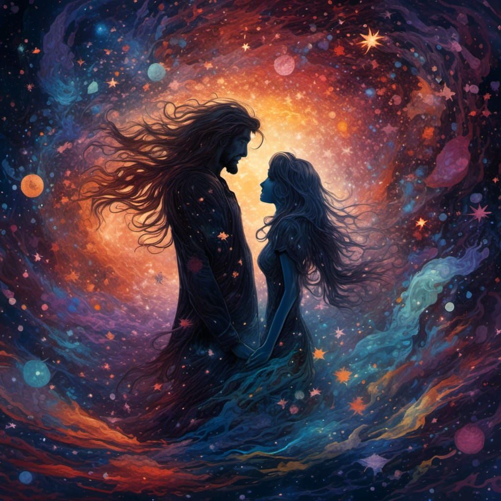 Celestial Silhouettes of Lovers in Starry Embrace