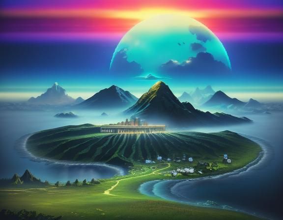 Synthwave City at World's End: Vaporwave Seascape