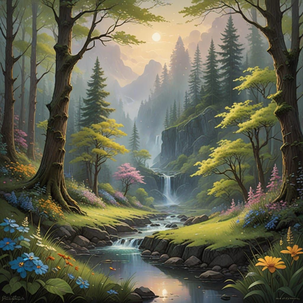 Enchanted Spring Forest in Whimsical Fantasy Style