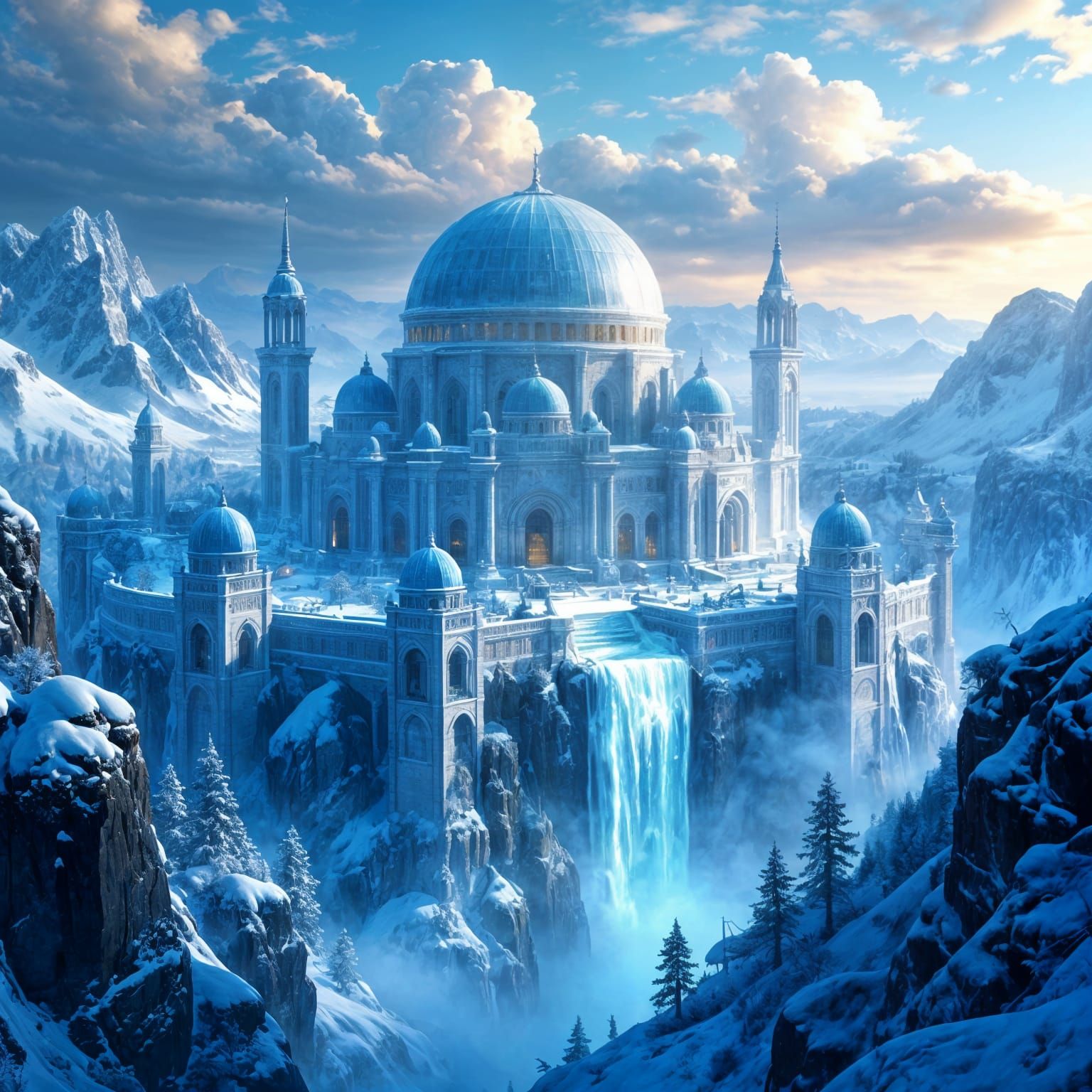 Fantasy Frozen Winter City with World Trees and Crystal Stru...