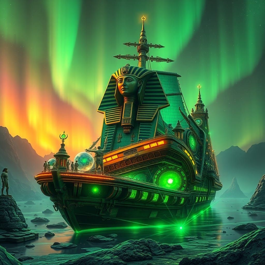 Glittercore Egyptian Ship Amidst Aurora Lights
