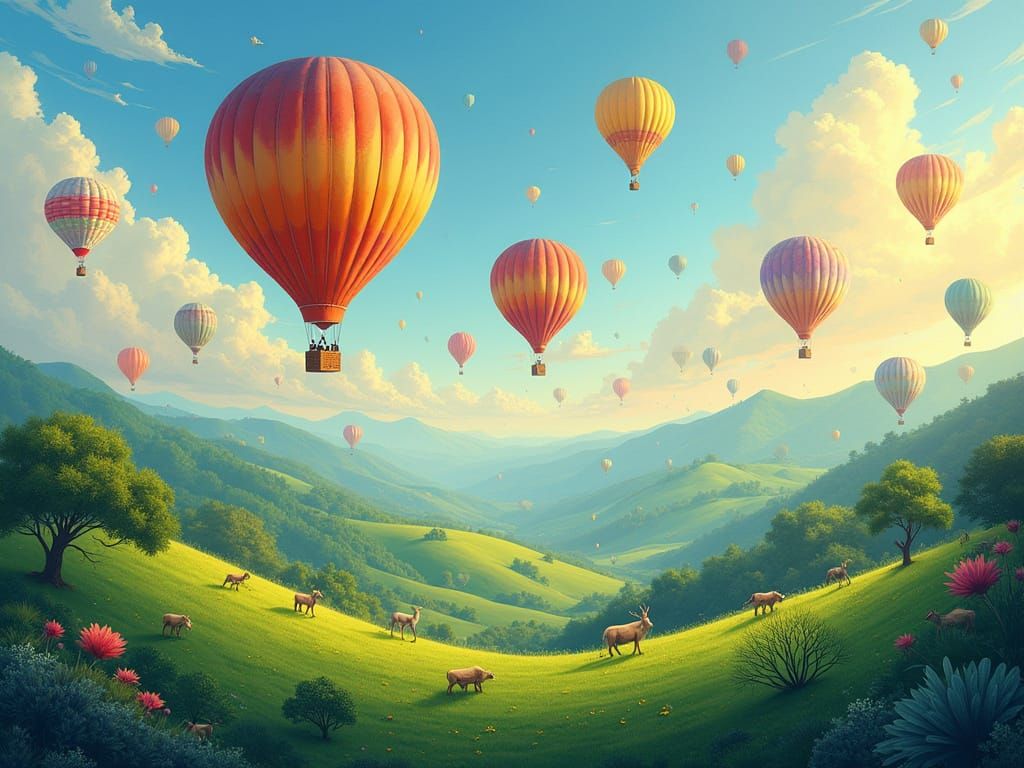 Hot Air Balloons Over Emerald Hills, Dreamy Art