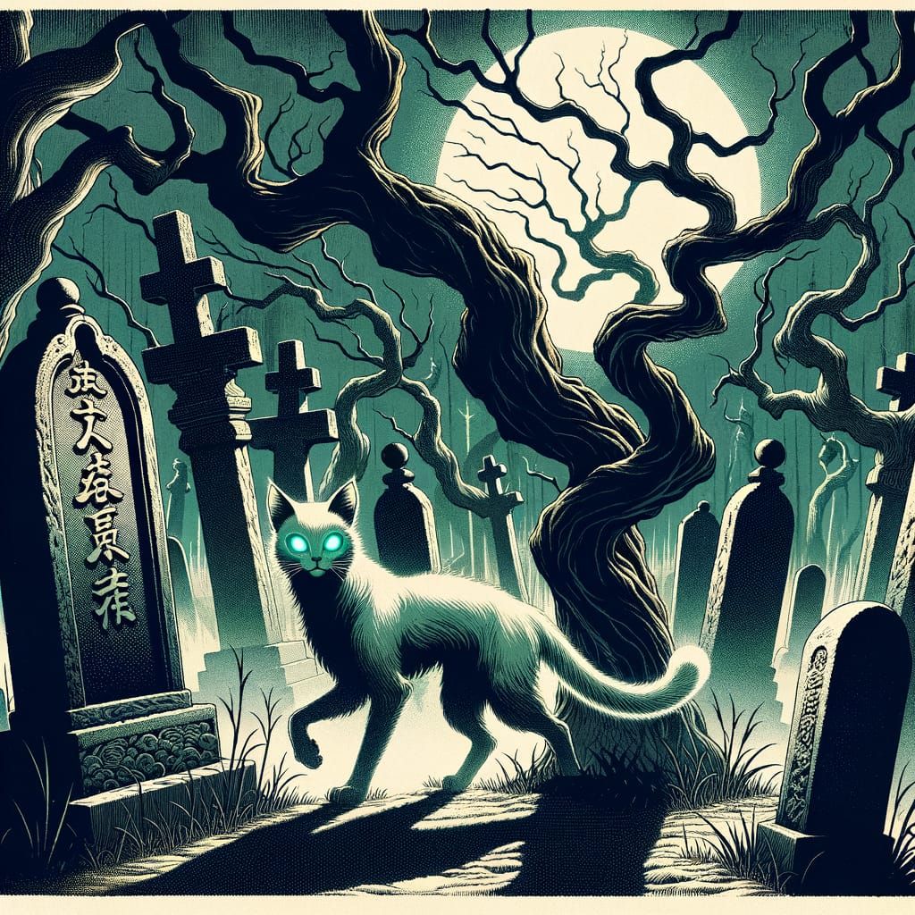 Spectral Cat in Misty Graveyard Ukiyo-e Print