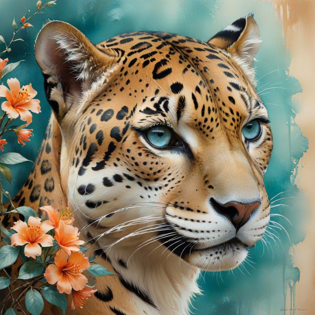 Jaguar Eyes Reflecting Chinese Landscape in Watercolor Style
