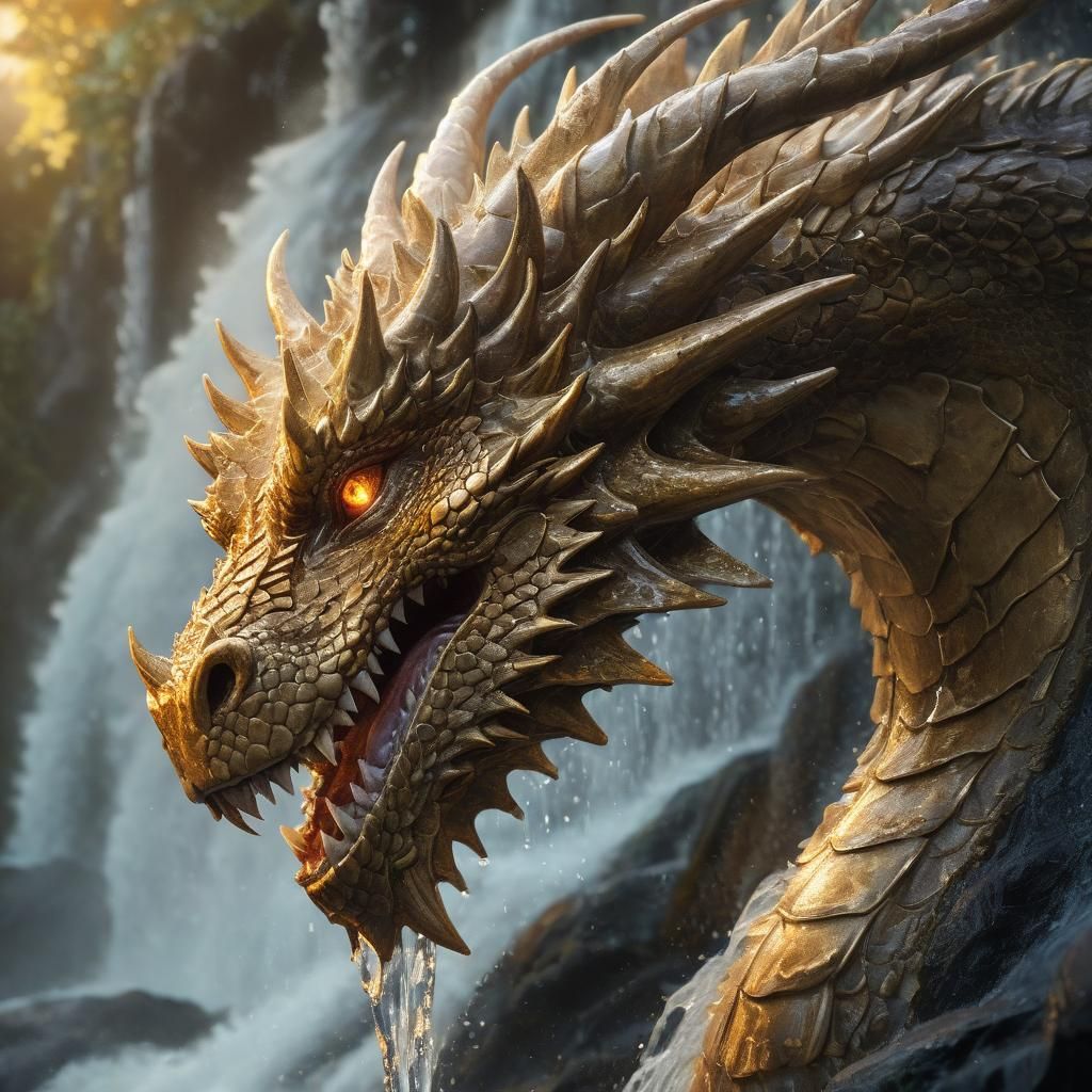 Dragon Head Emerges from Waterfall: Fantasy Illustration