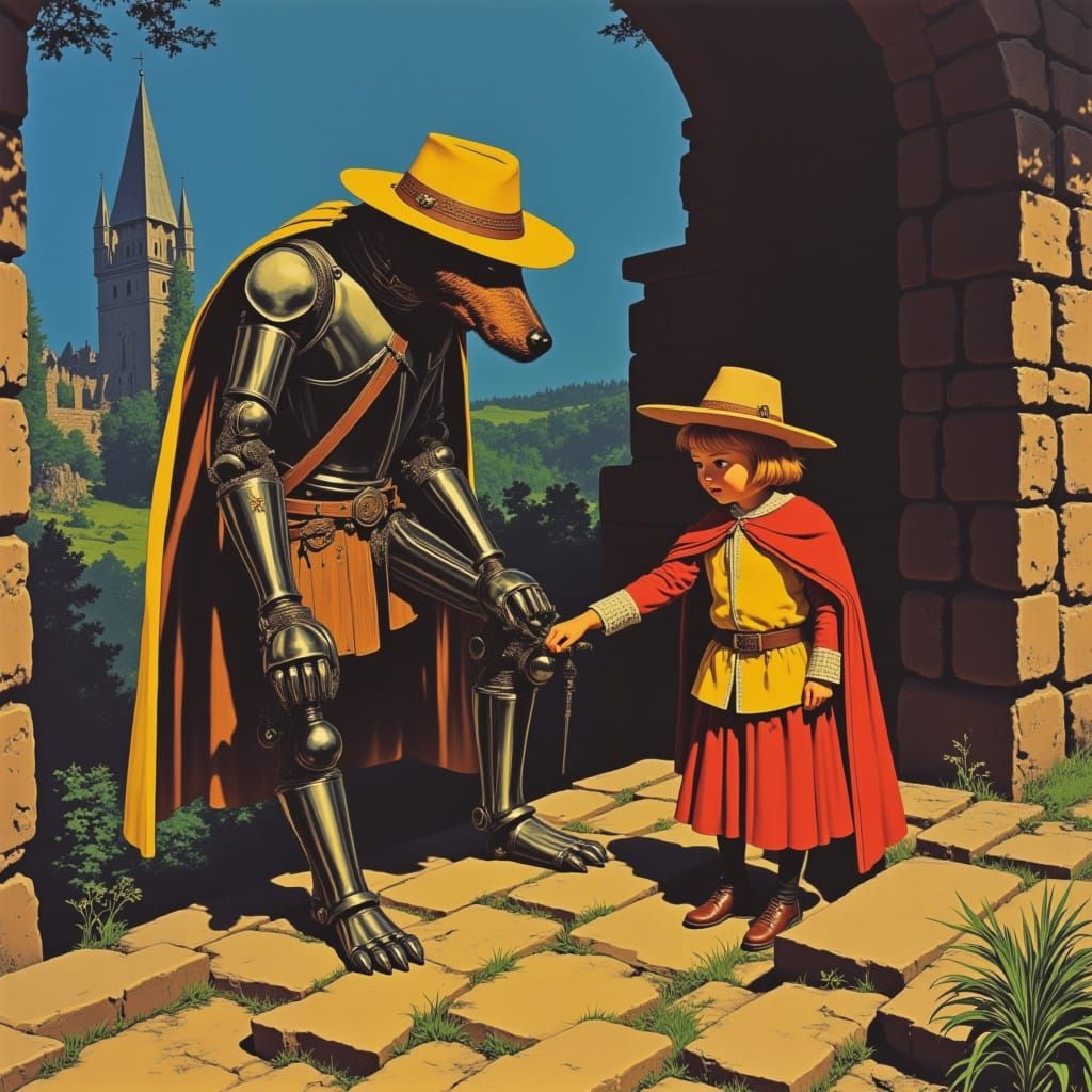 Cyberpunk Robot Dog in Dark Fantasy Post-Apocalyptic Scene