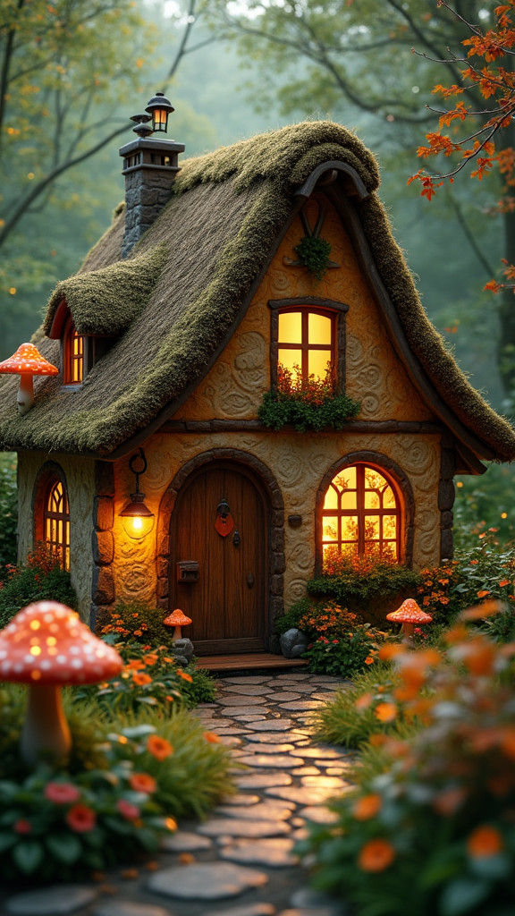 Enchanting Cottagecore Scene with Glowing Mushrooms