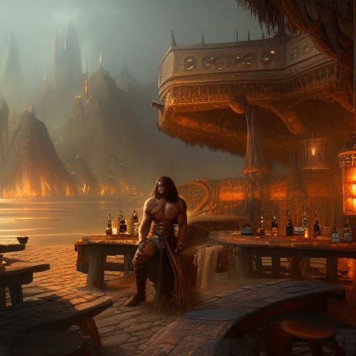 Conan the Barbarian at a Bar, Fantasy Concept Art
