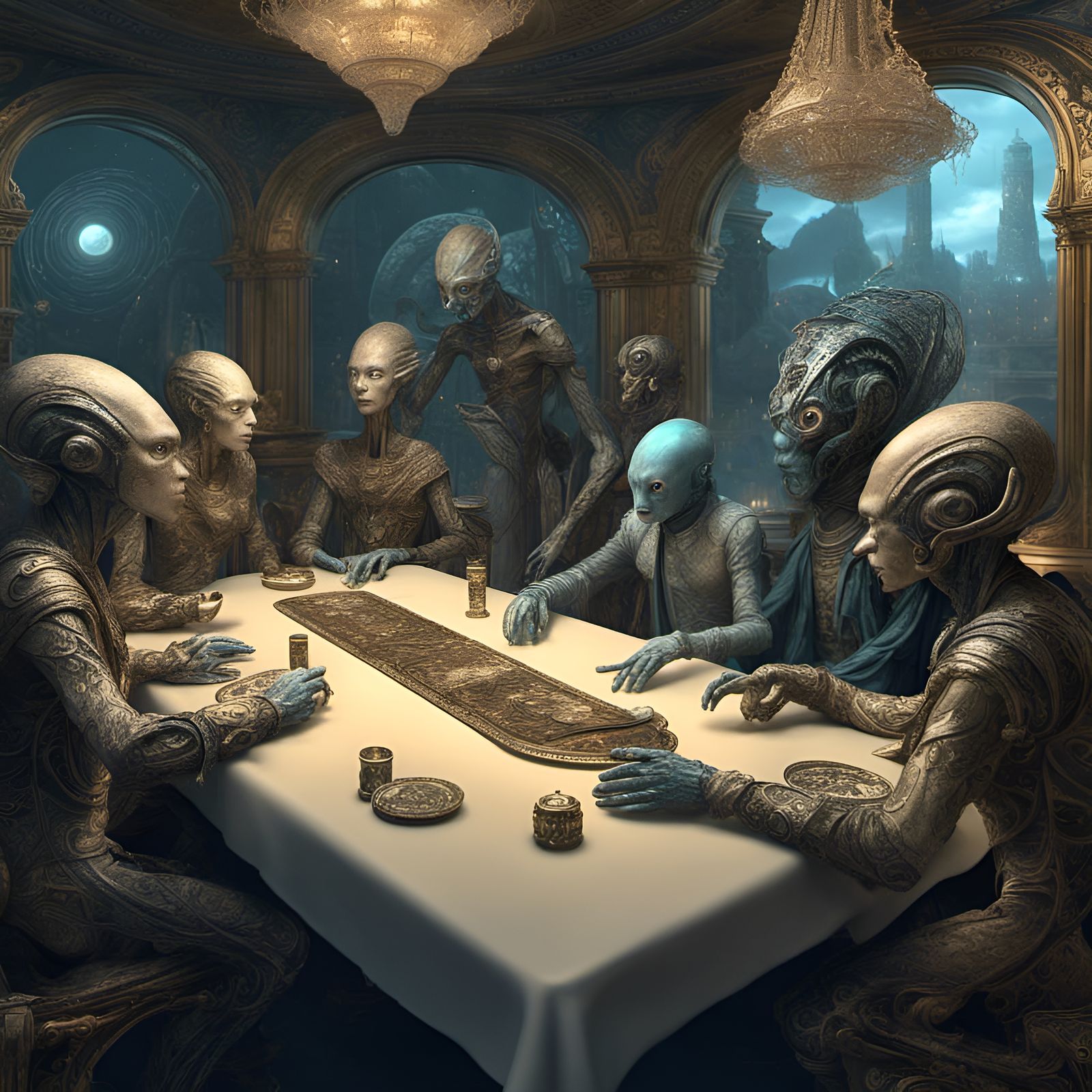 Dreamlike Alien Socializing in Hyperrealistic Style
