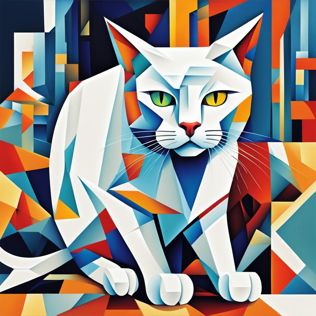 White Cat in Cubist Geometric Fauvism Style