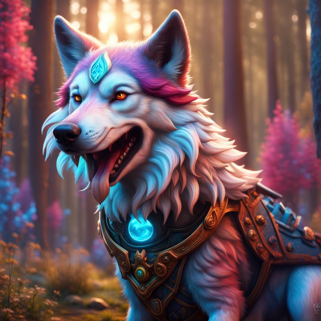 Colorful Fantasy Wolf-Dog: Detailed Digital Matte Painting