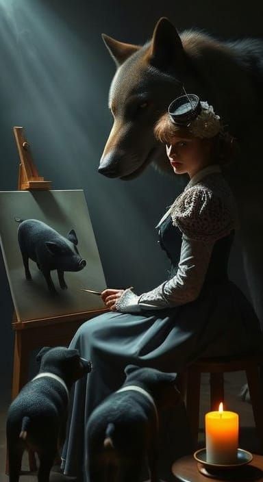 Victorian Woman Paints Piglets in Tenebrism Style