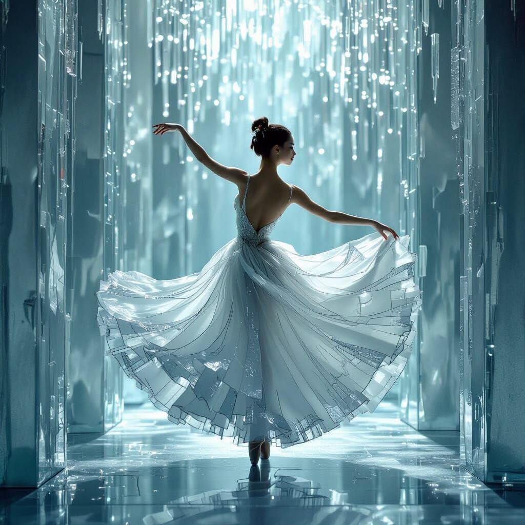 Ethereal Glass Dancer in Dreamlike Ballroom