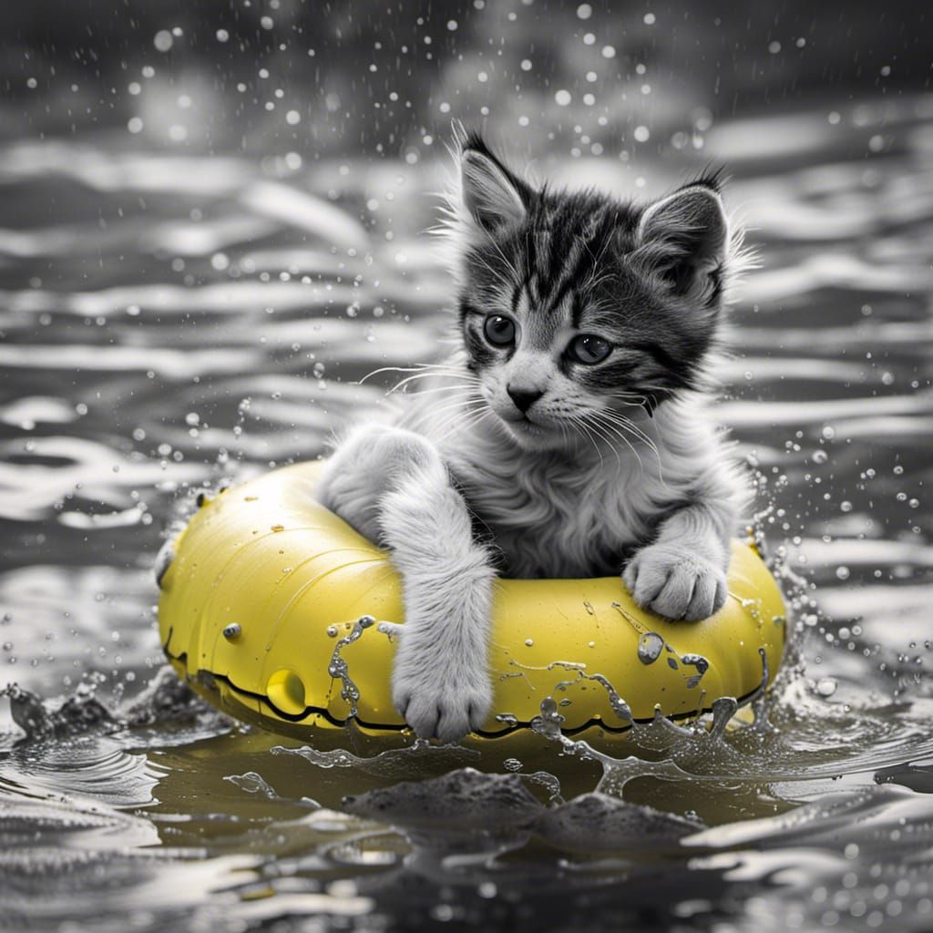 Kitten in Inner Tube: Black, White, and Selective Blue