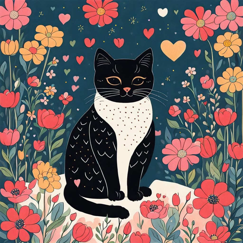 Cat on Pillow with Heart Lights in Clear Line Style