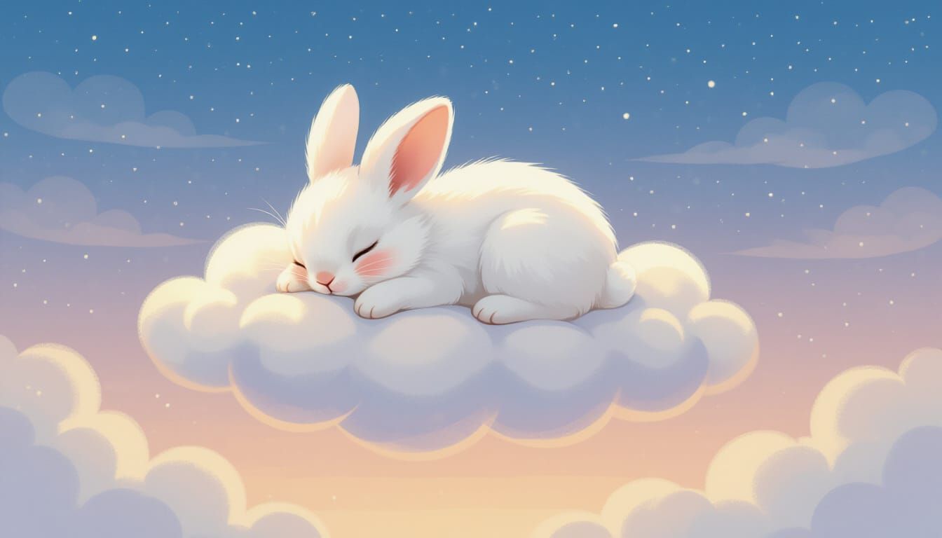 Fluffy Baby Bunny Sleeps Peacefully on Cloud