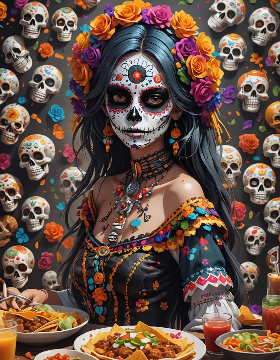 Catrina Girl Eating Tacos in Anime Graffiti Style