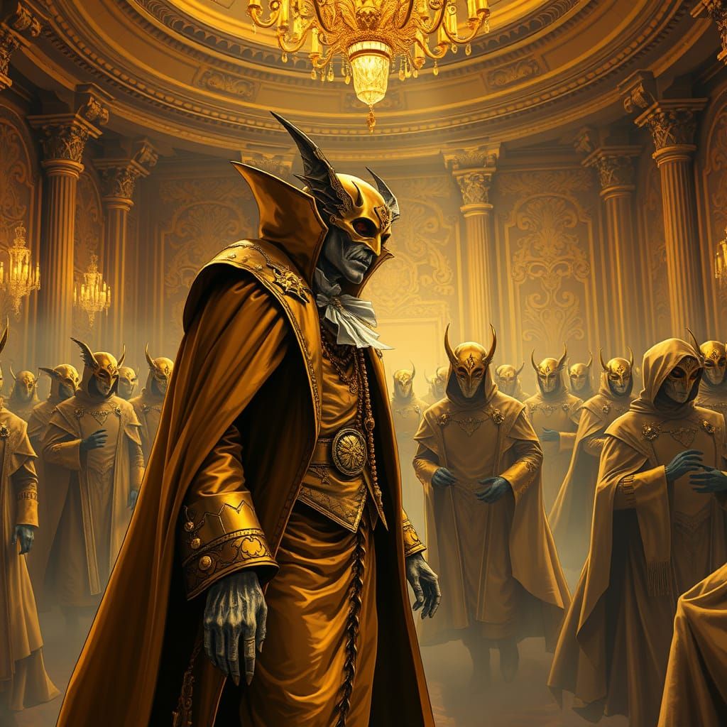 Gaunt Vampire Count Enters Golden Ballroom in Gothic Style