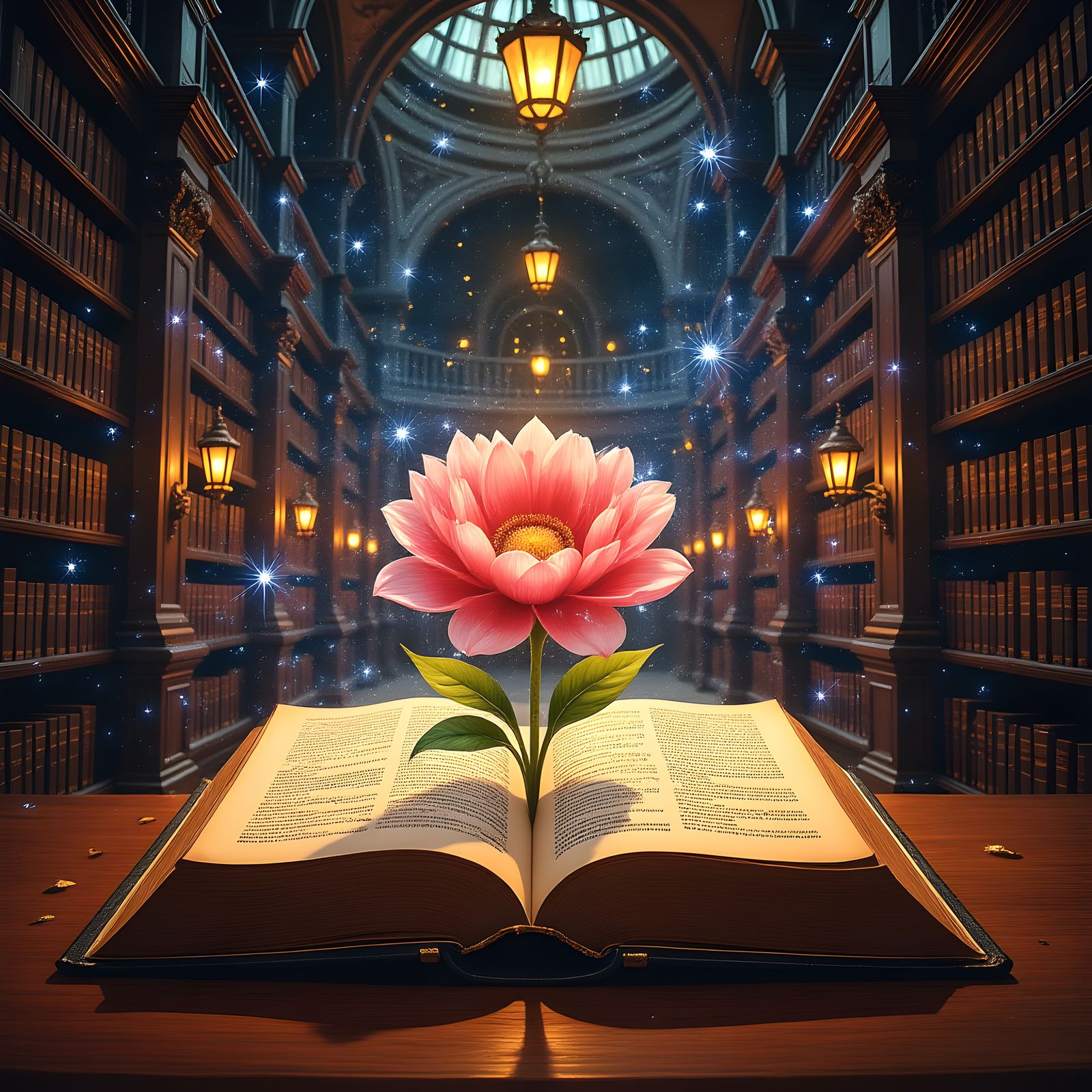 Flower Blossoming from Book in Grand Library