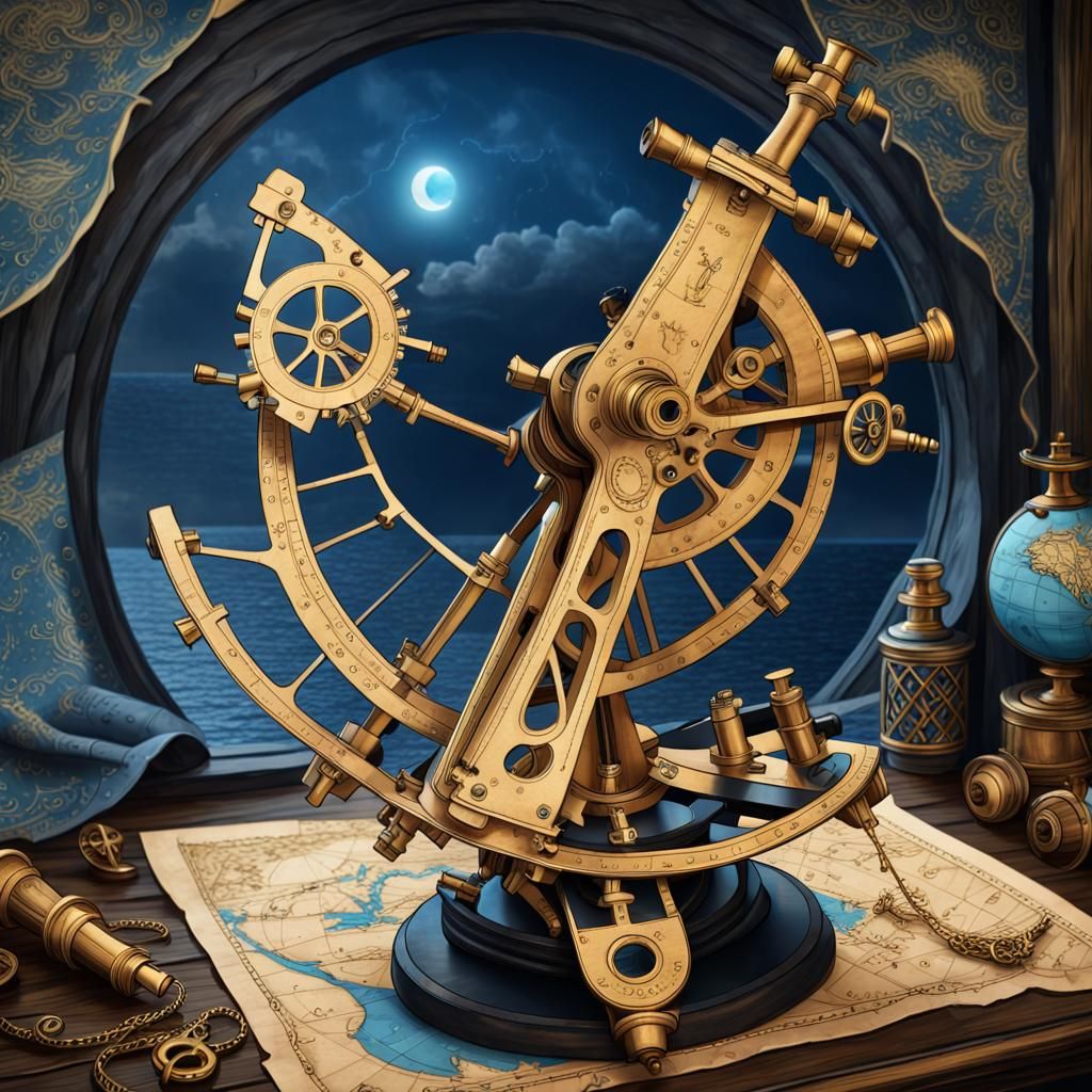 Sextant on Parchment Map in Palekh Style