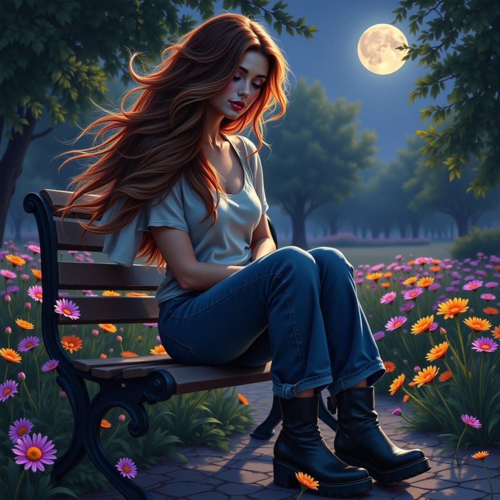 Woman on Park Bench Under Moonlight, Digital Matte Painting
