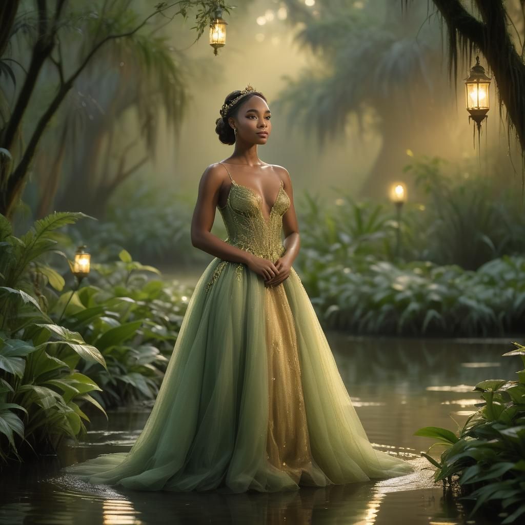 A serene environment featuring Tiana in a magical bayou at twilight
