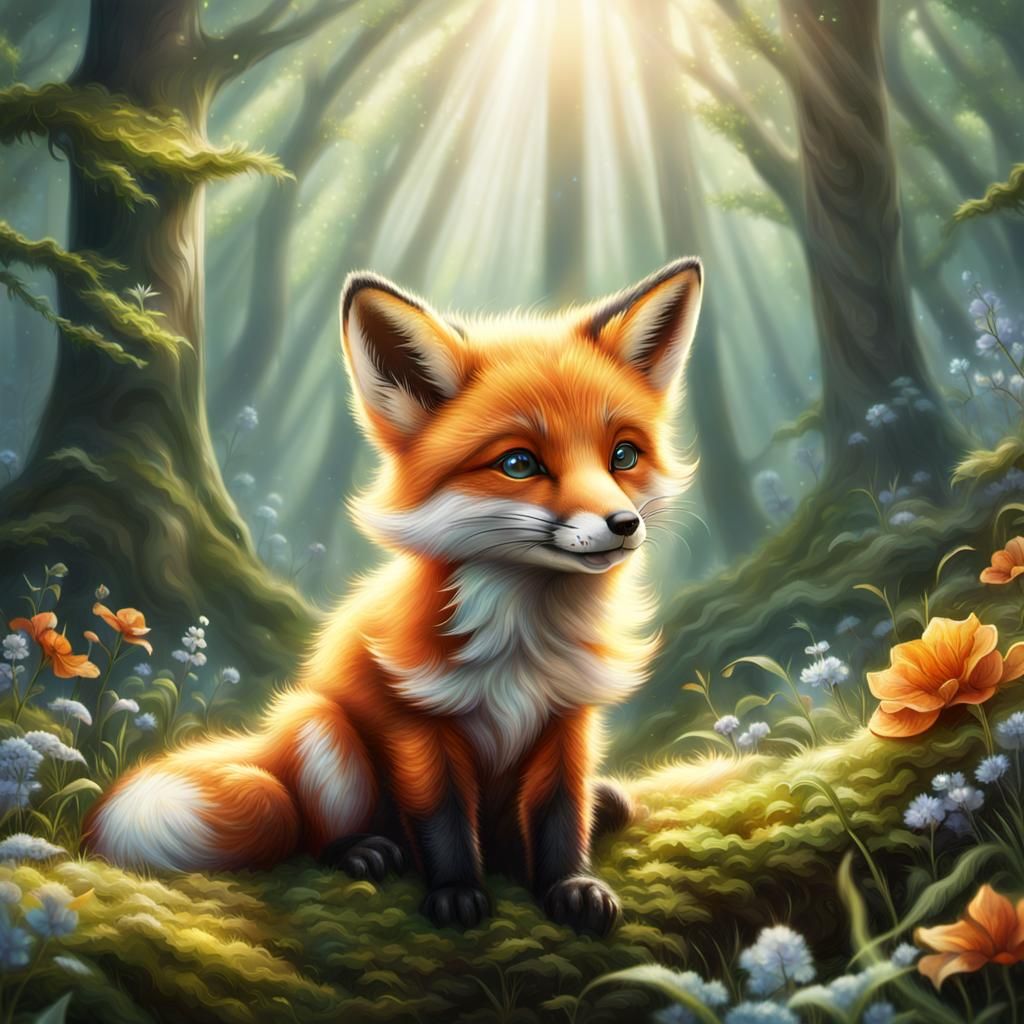 Cute Fox Cub in Forest Clearing: Digital Painting