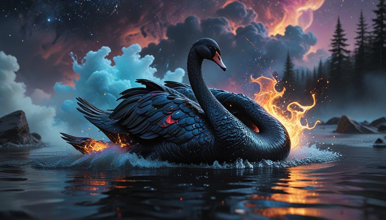 Ethereal Black Swan Amidst Starry Night Sky