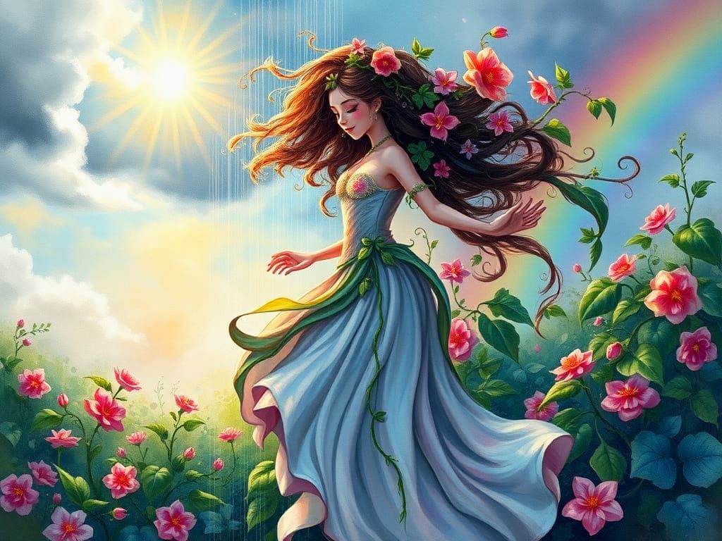 Ethereal Flower Goddess Dances in Vibrant Watercolor Garden