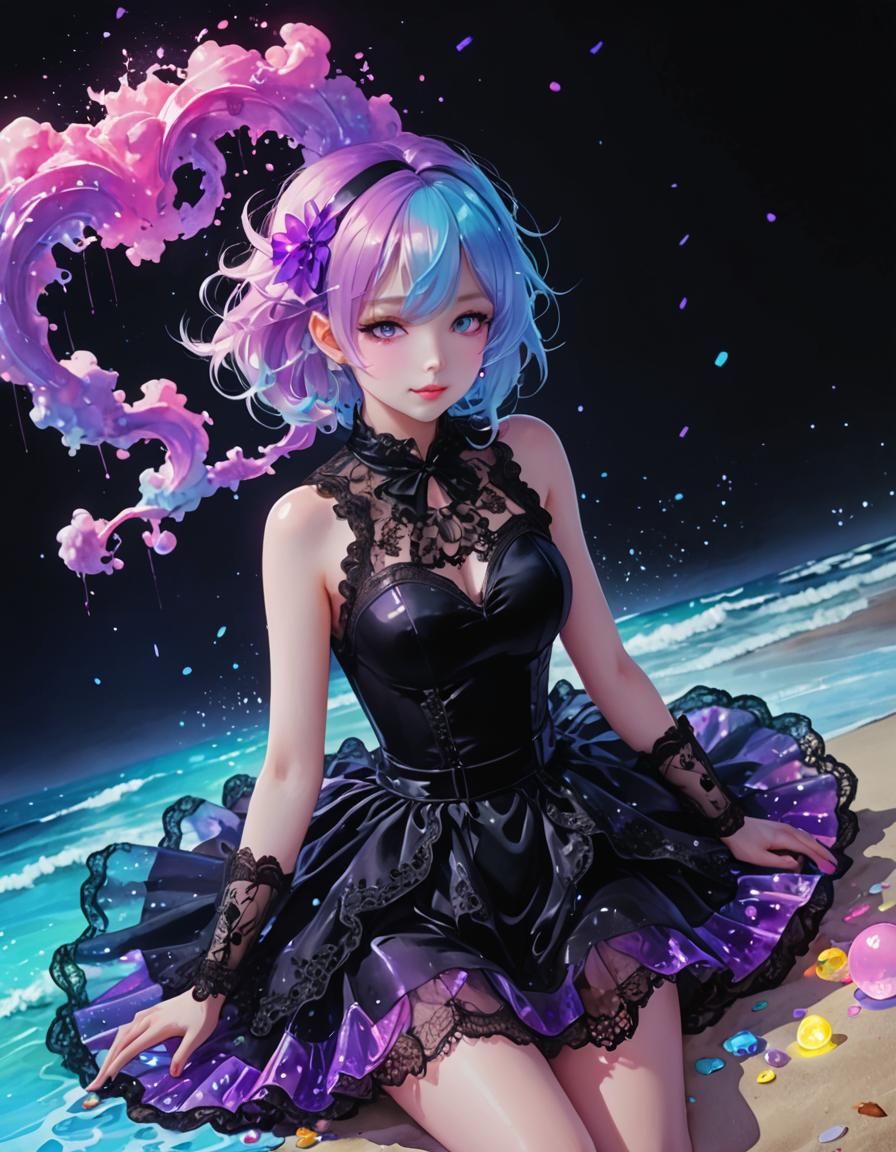 Seashore Watercolor with Holographic Effects in Anime Style