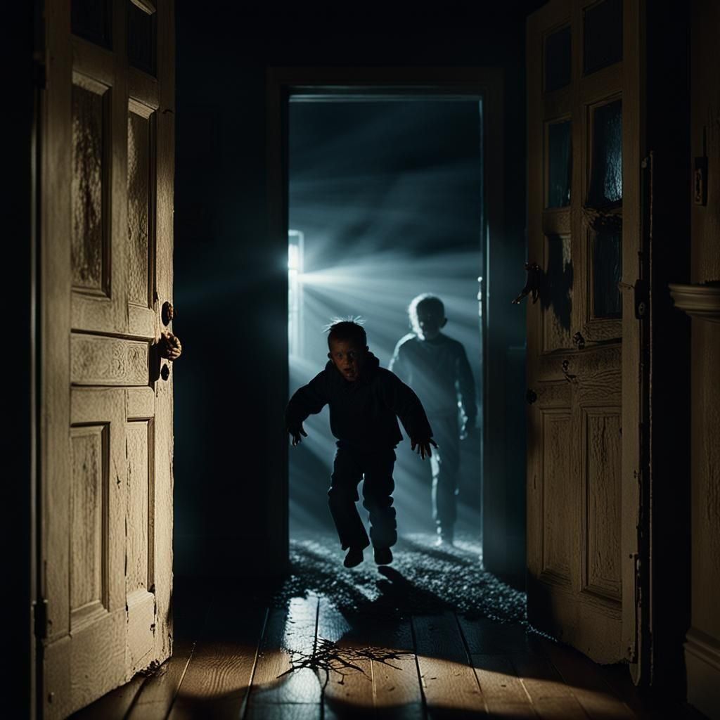 The boogey man coming through a door. A child is hiding behi...