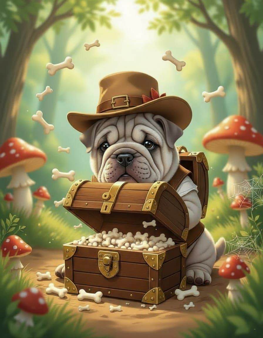 Steampunk Shar Pei Discovering Treasure in Enchanted Forest