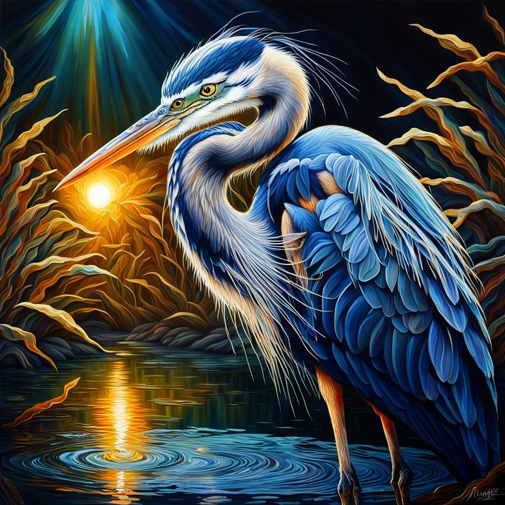 Bioluminescent Heron in Crystal Fantasy Landscape