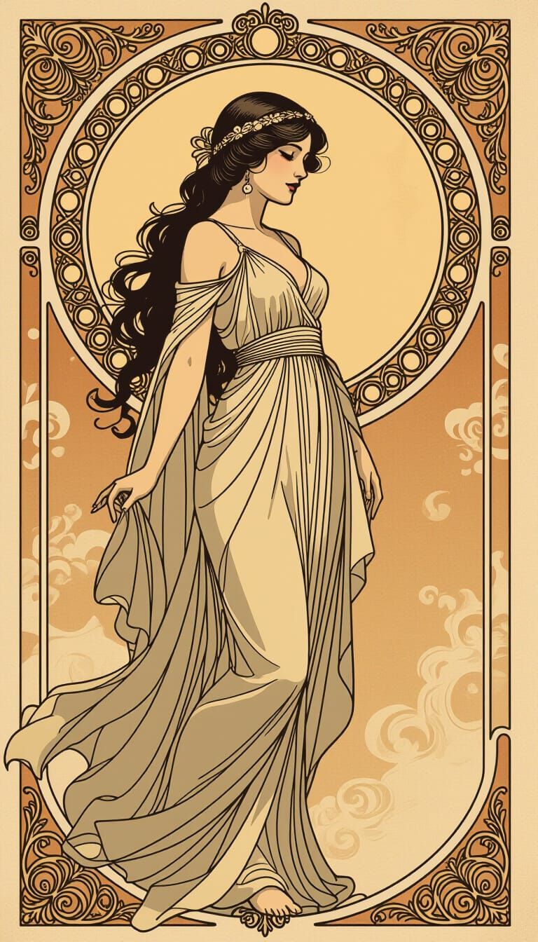 Ethereal Sepia Sketch with Flowing Figure and Embellishments