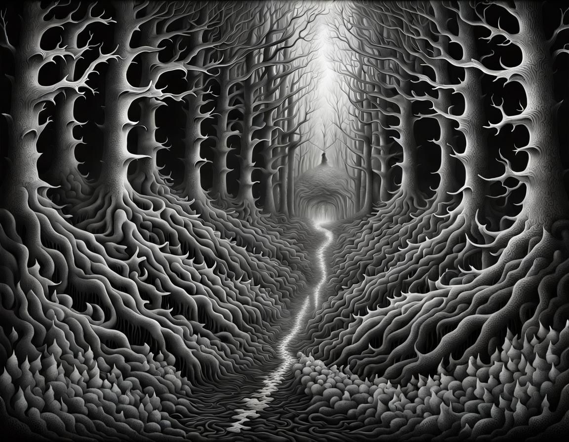 Detailed Ink Drawing of a Surreal Winter Forest