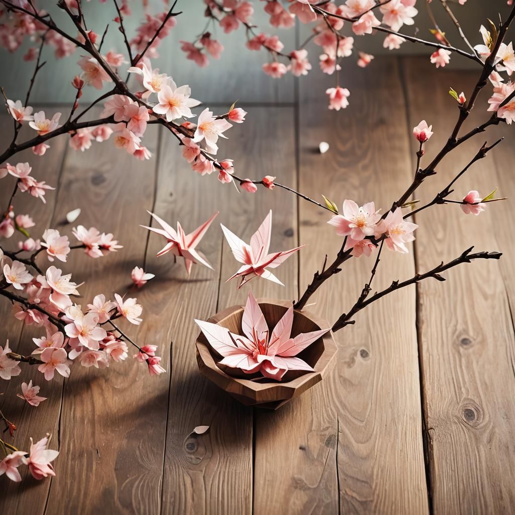 Ikebana and Origami in Watercolor Style